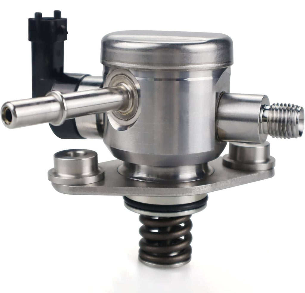 High-pressure fuel pump with metal housing, threaded outlet port, and coil spring