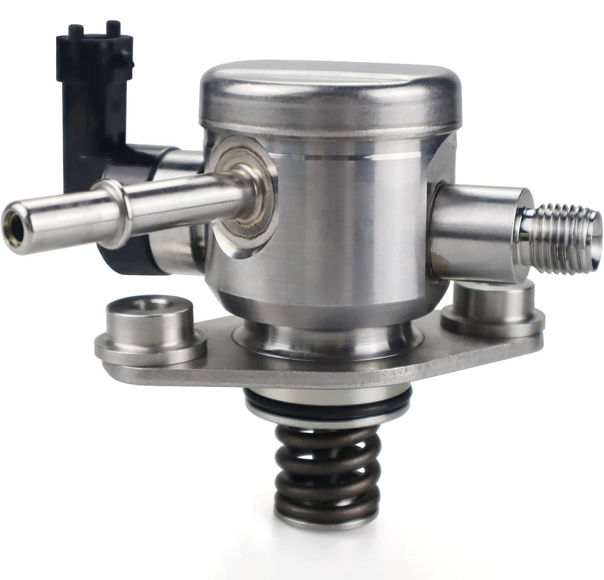 High-pressure fuel pump with metal housing, threaded outlet port, and coil spring