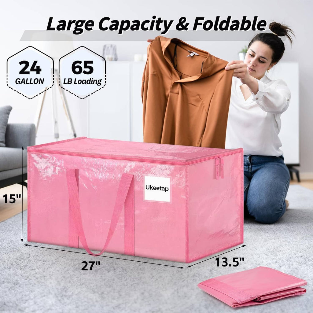 Pink large capacity foldable storage bin with handles, open top