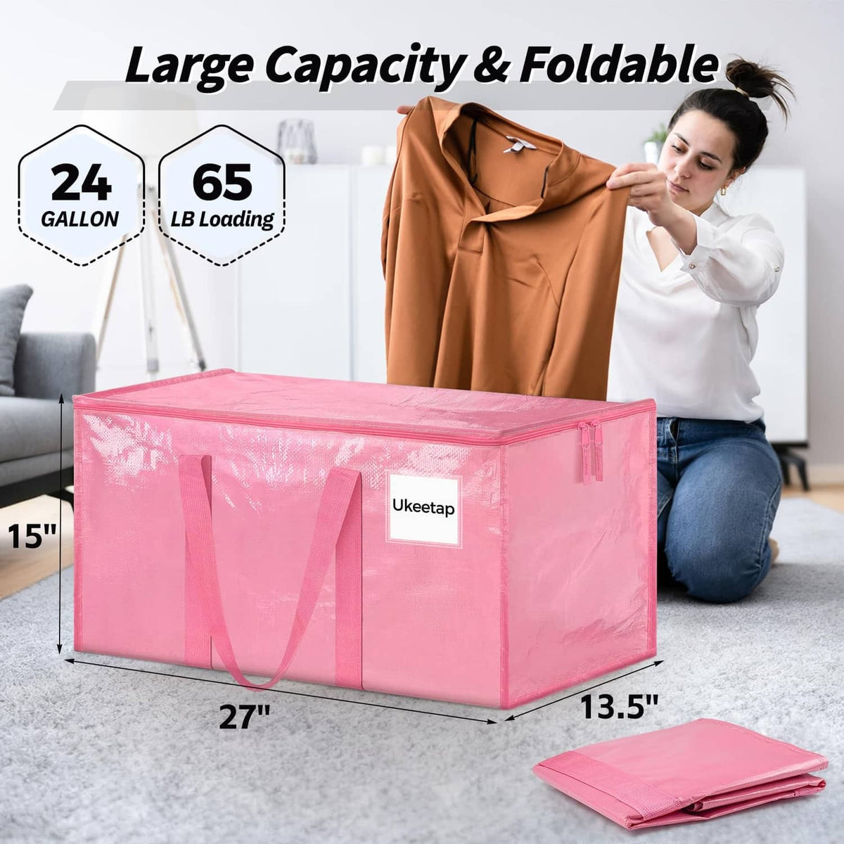 Pink large capacity foldable storage bin with handles, open top