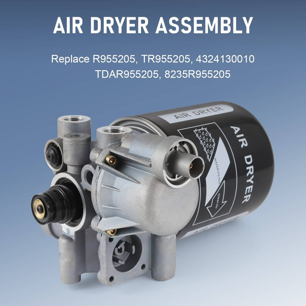 Air dryer assembly with gray valve housing and black canister, side view