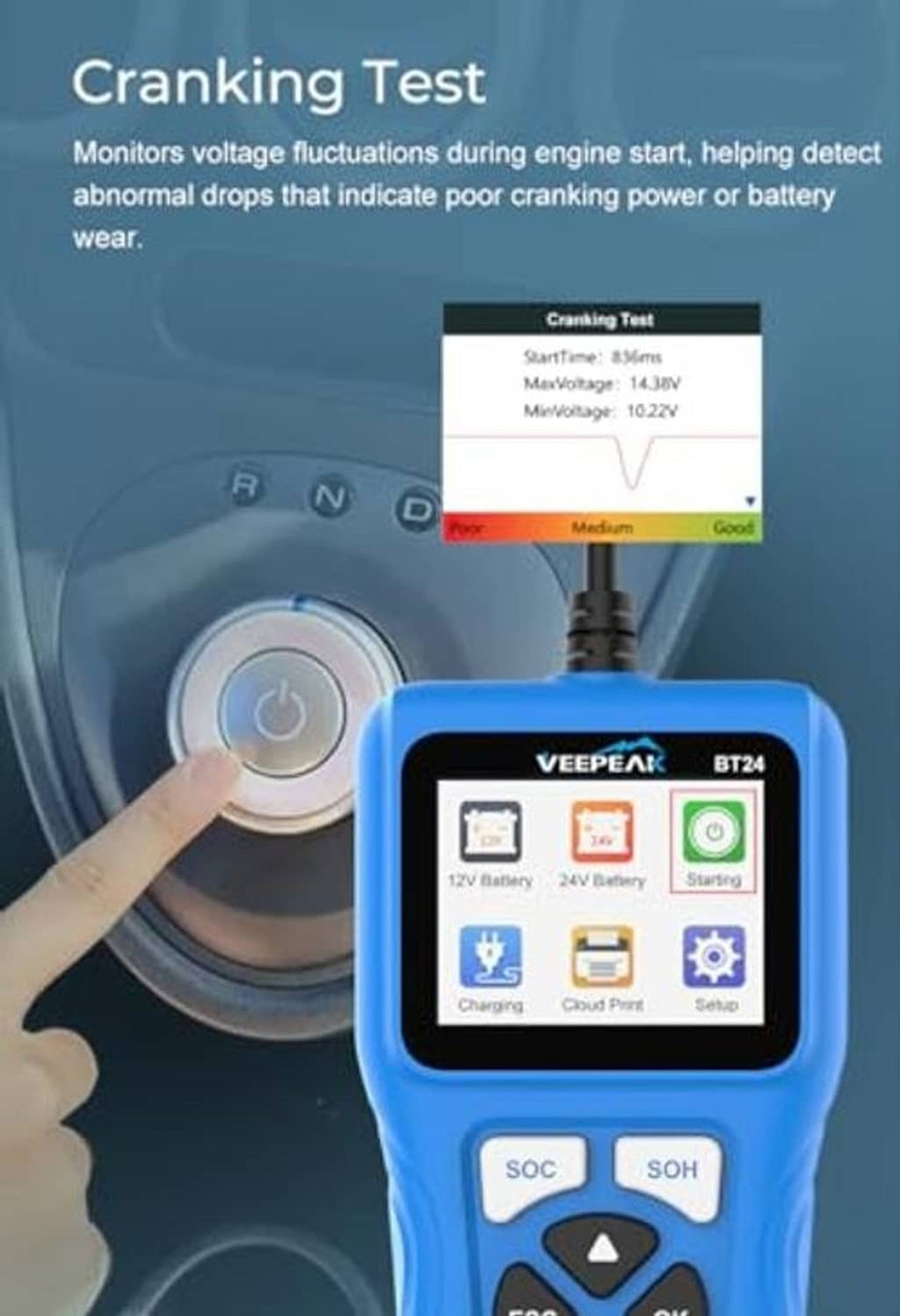 Blue VEEPEAK battery tester near dashboard with LCD screen and clamp leads