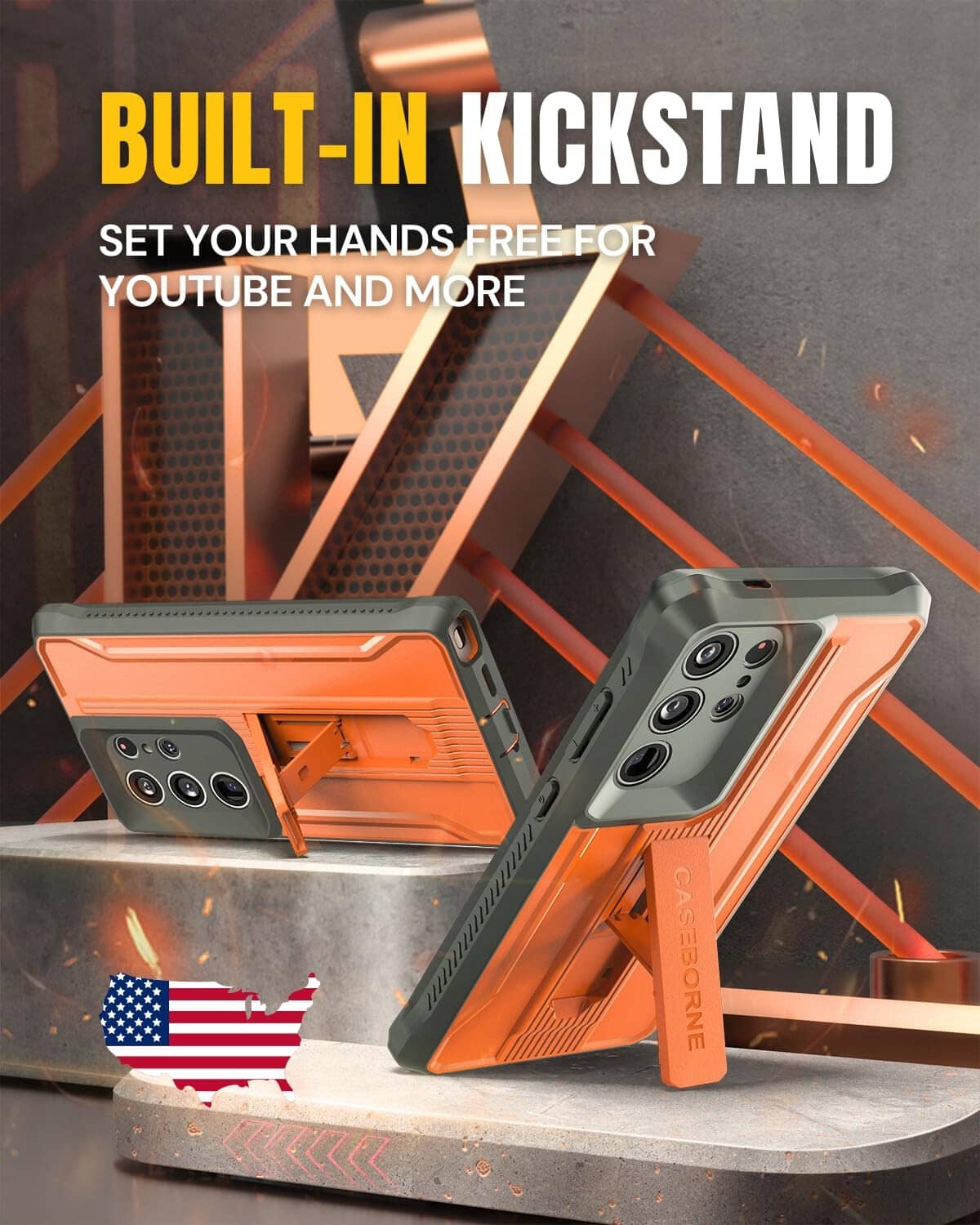 Orange and gray phone case with built-in kickstand