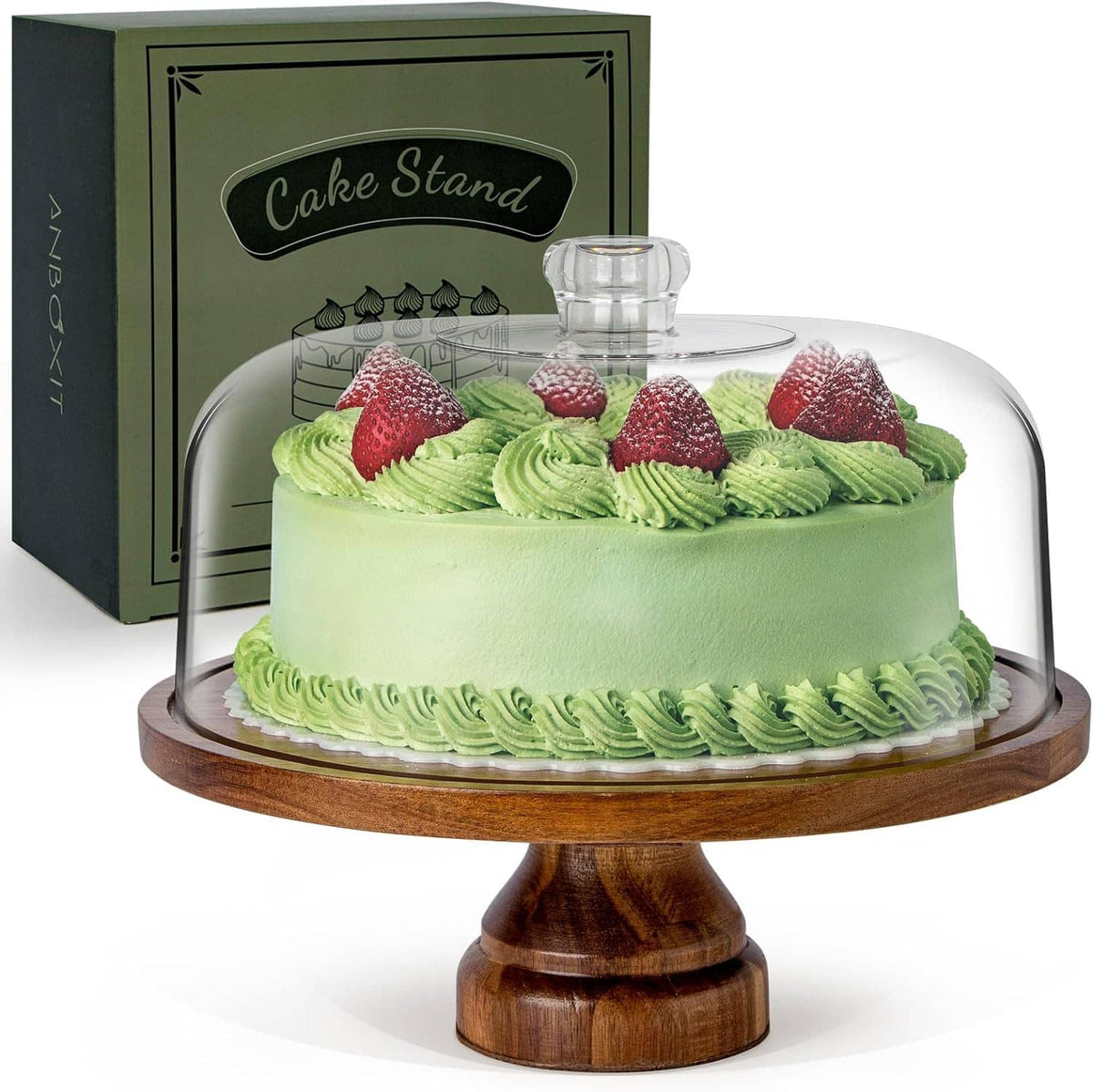 Acacia wood cake stand with clear dome lid, holding a frosted cake with berries