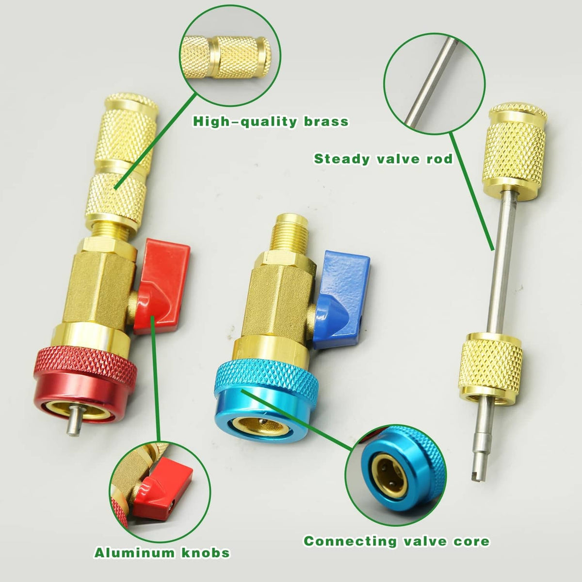 R134A valve core remover tool with brass body, steady valve rod, and colored knobs