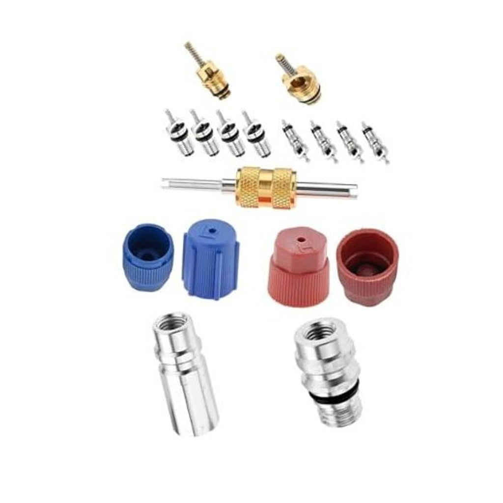 R134a air conditioning valve core kit with remover tools, seal caps, and valve cores