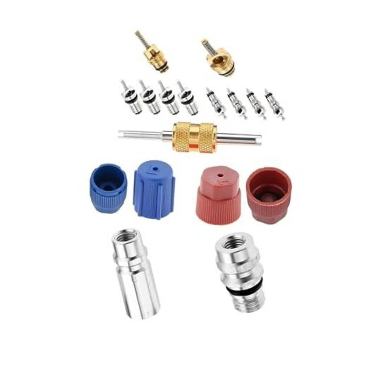 R134a air conditioning valve core kit with remover tools, seal caps, and valve cores