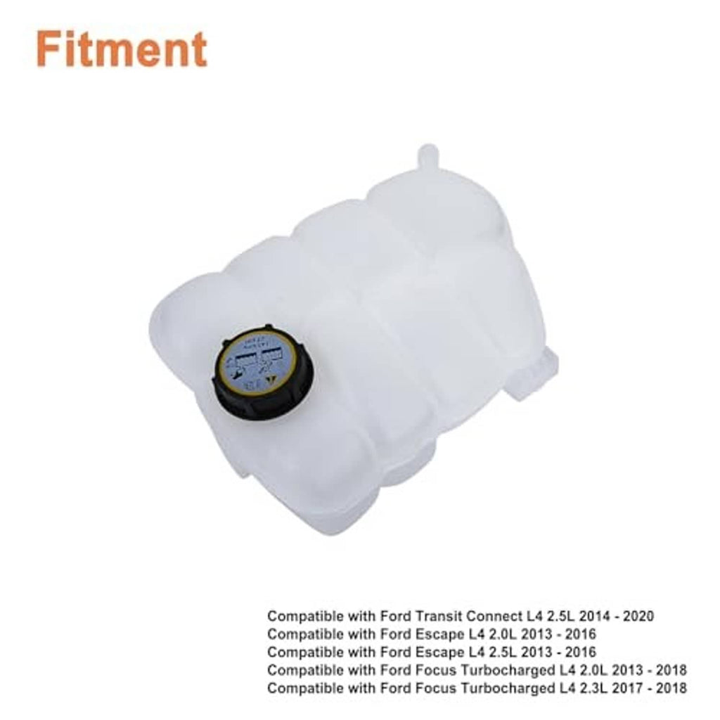 White coolant reservoir tank with black cap and round pressure gauge, angled view