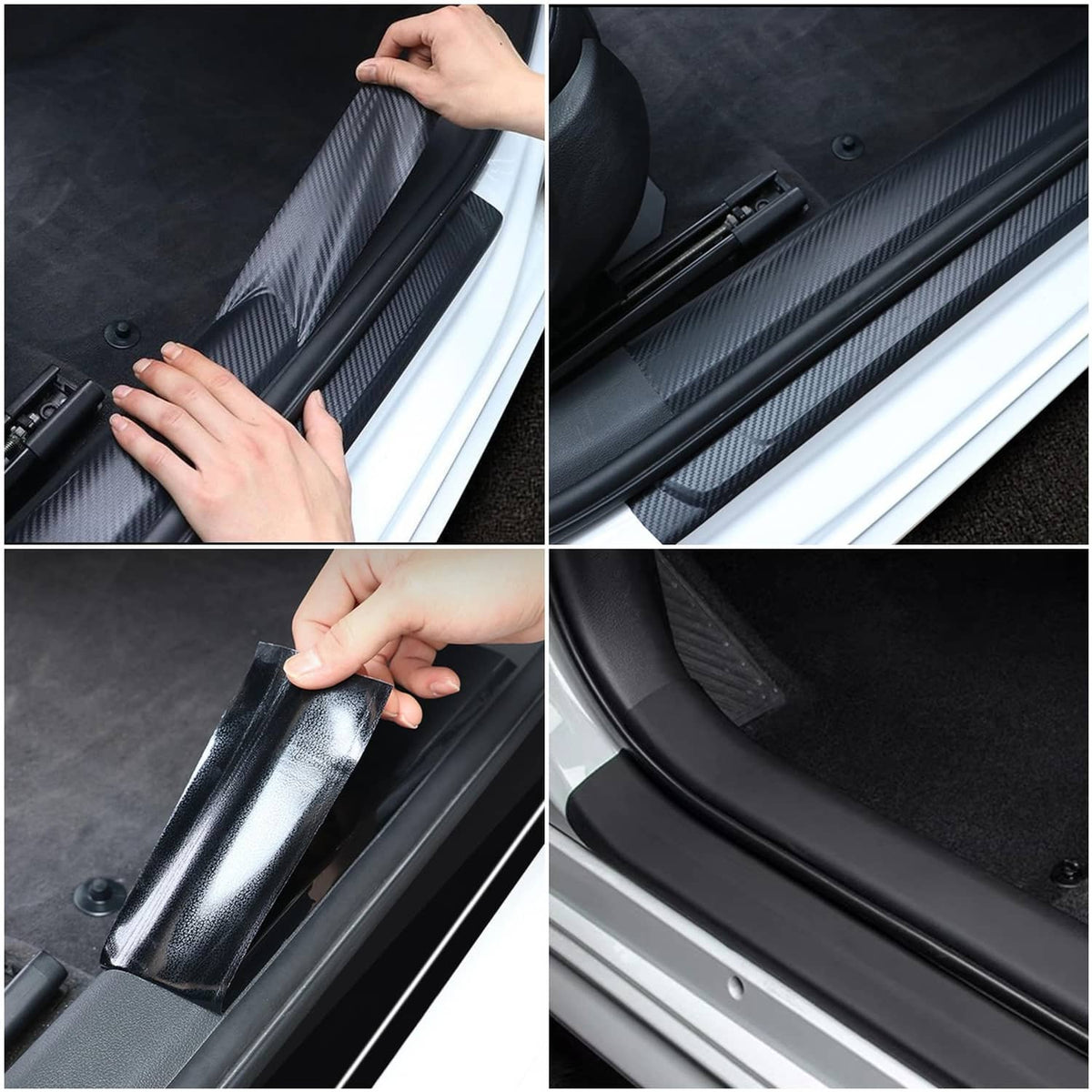 Black vinyl wrap strip applied along car door sill edge with hands smoothing