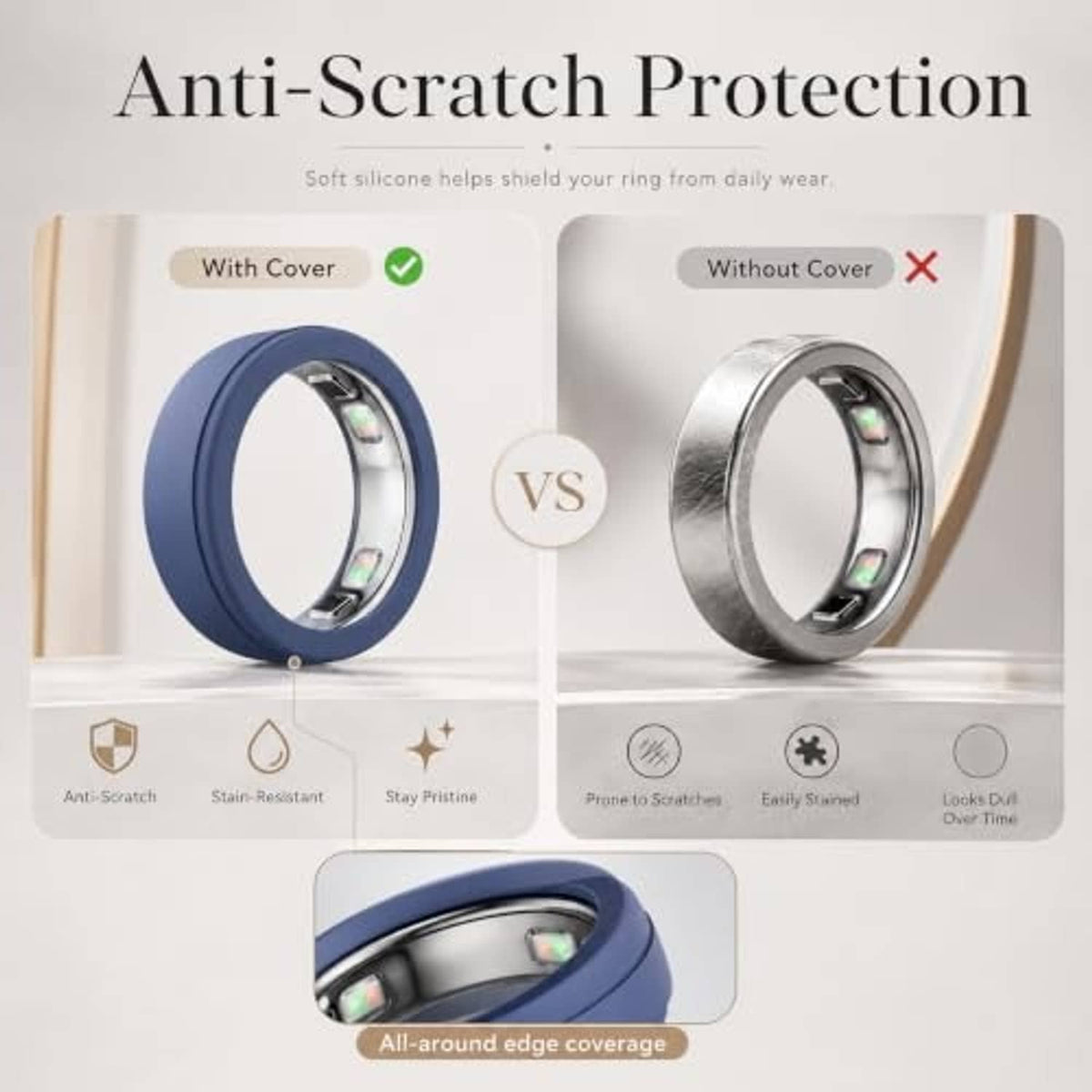 Ring cover comparison: dark blue ring cover and silver ring cover without outer coating