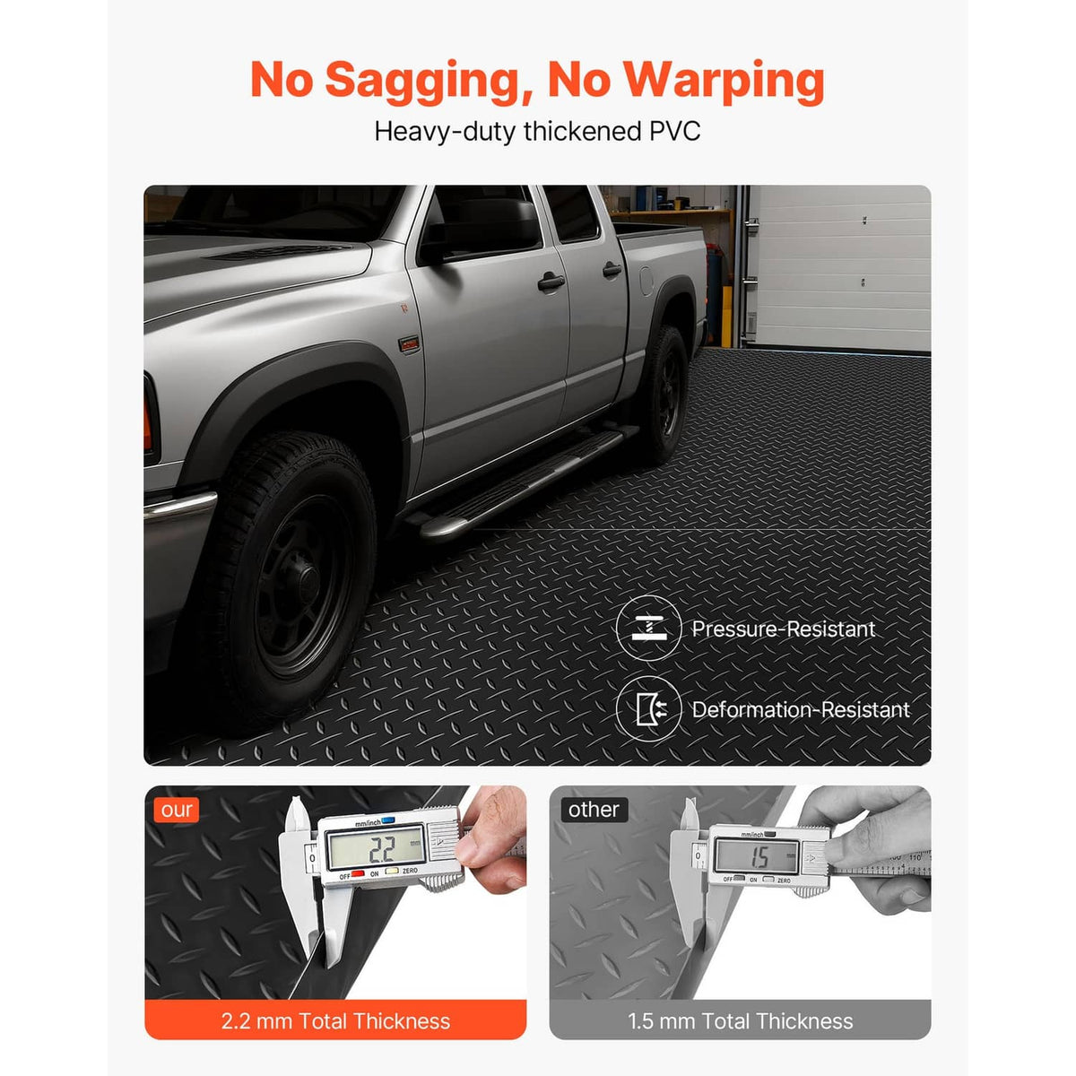 Black thick PVC garage floor mat with diamond texture for vehicle traction.