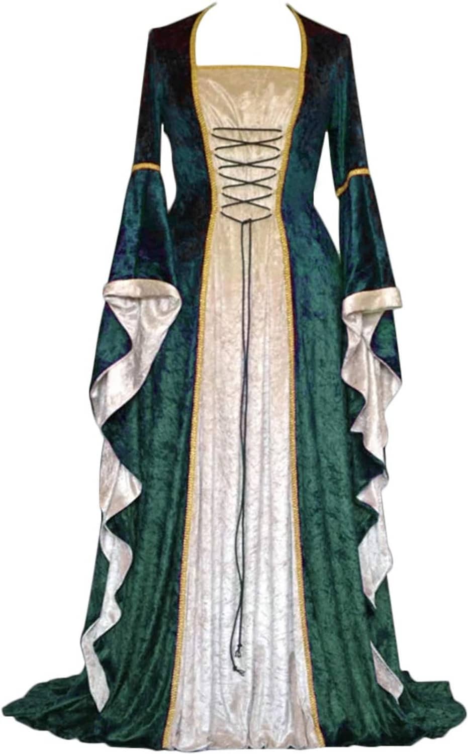 Medieval long dress with lace-up front, dark green skirt panels, silver layered cuffs