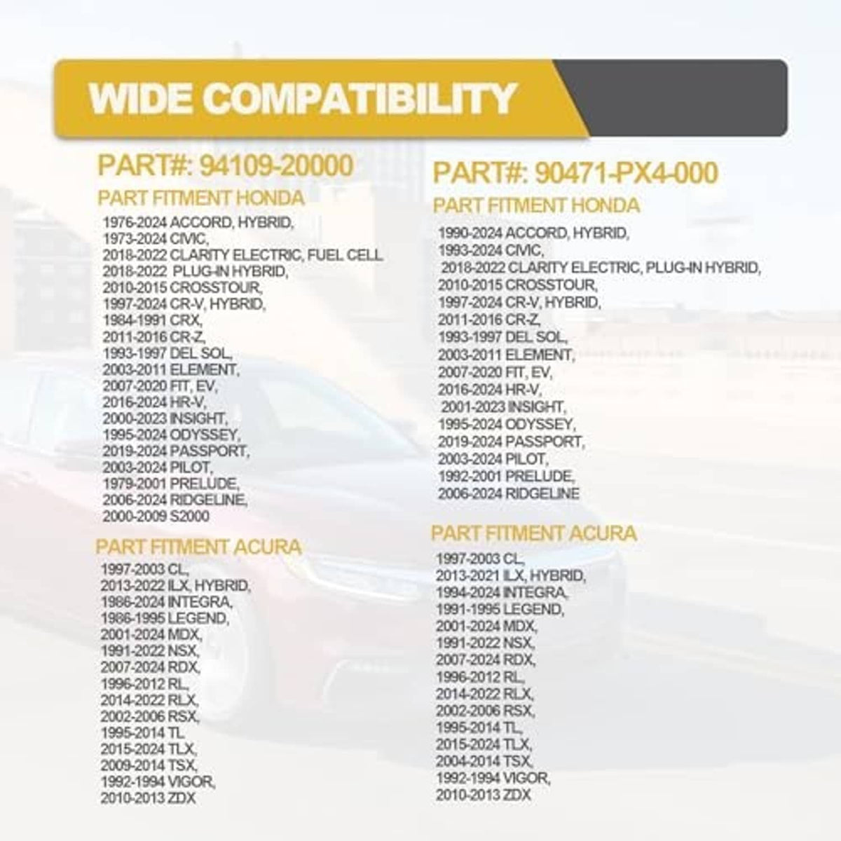 Compatibility list overview for drain plug washers for Honda and Acura models