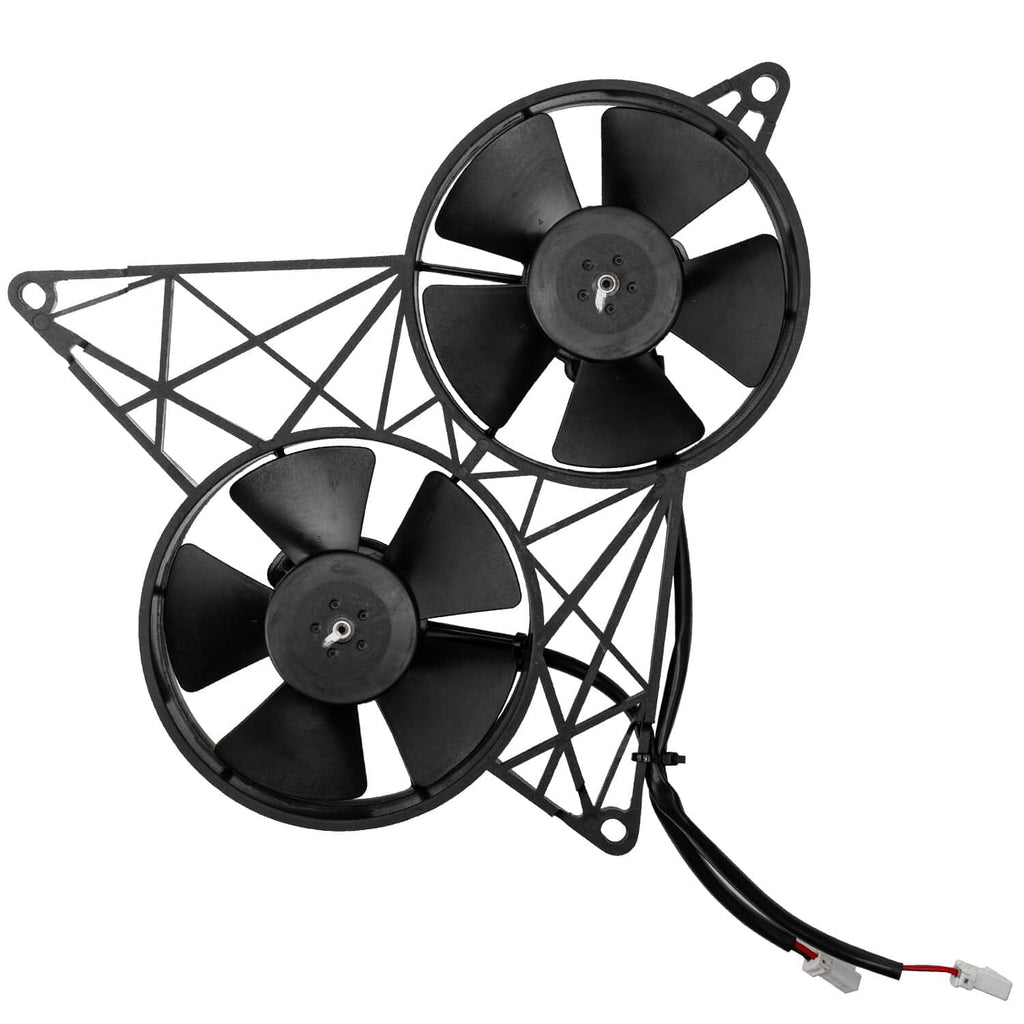 Black dual radiator fan set with mounting frame and visible motor housings