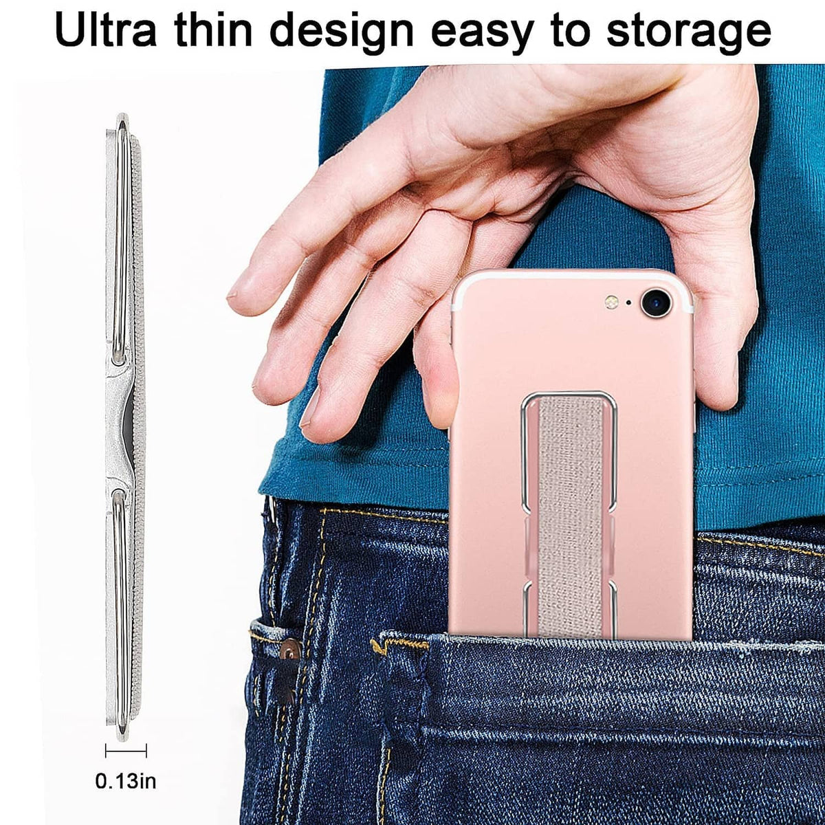 Phone strap finger holder on a pink phone, shown clipped to the back