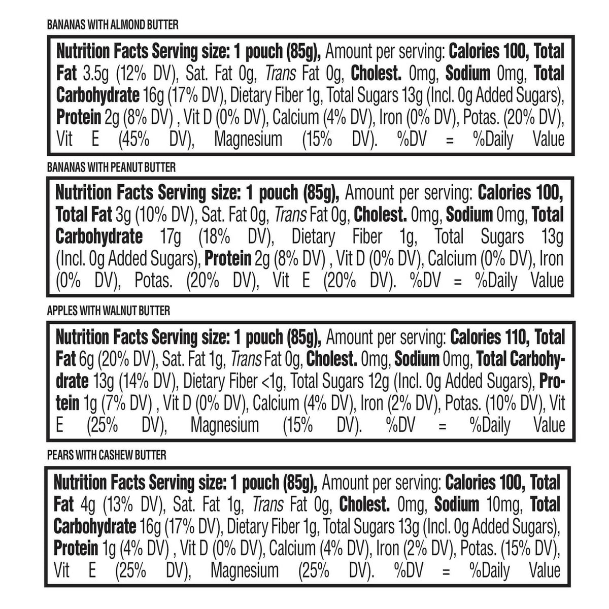 Nutrition facts panel for bananas with almond butter, bananas with peanut butter, and more