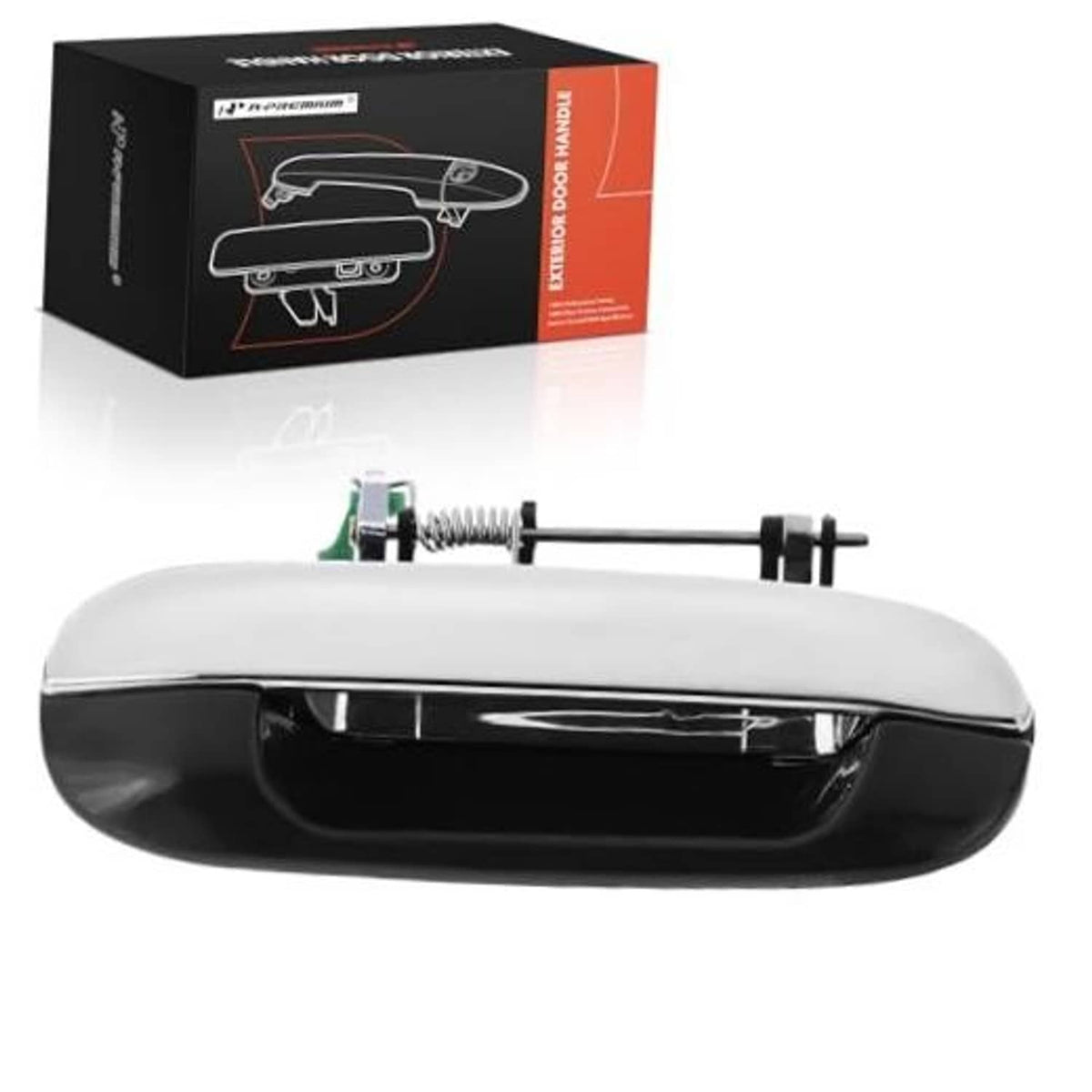 Chrome exterior door handle with black inner grip and mounting rod