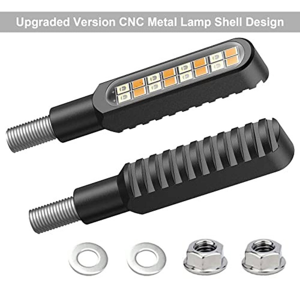 Black CNC LED turn signal light set with ribbed housings, mounting nuts, and wires
