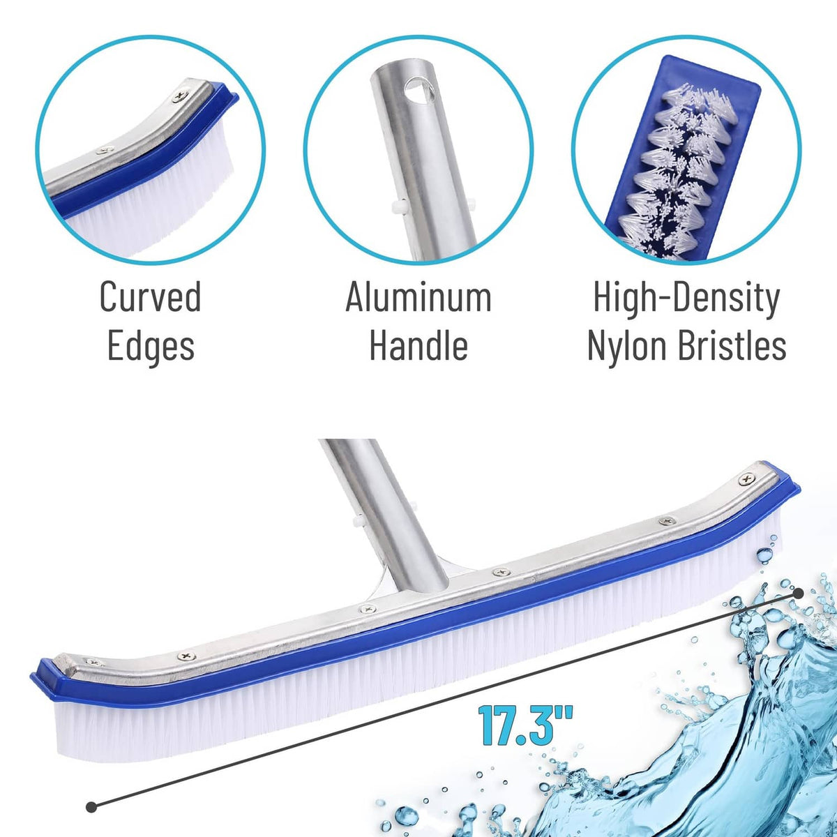 Pool brush head with curved edges, aluminum handle, and high-density white bristles