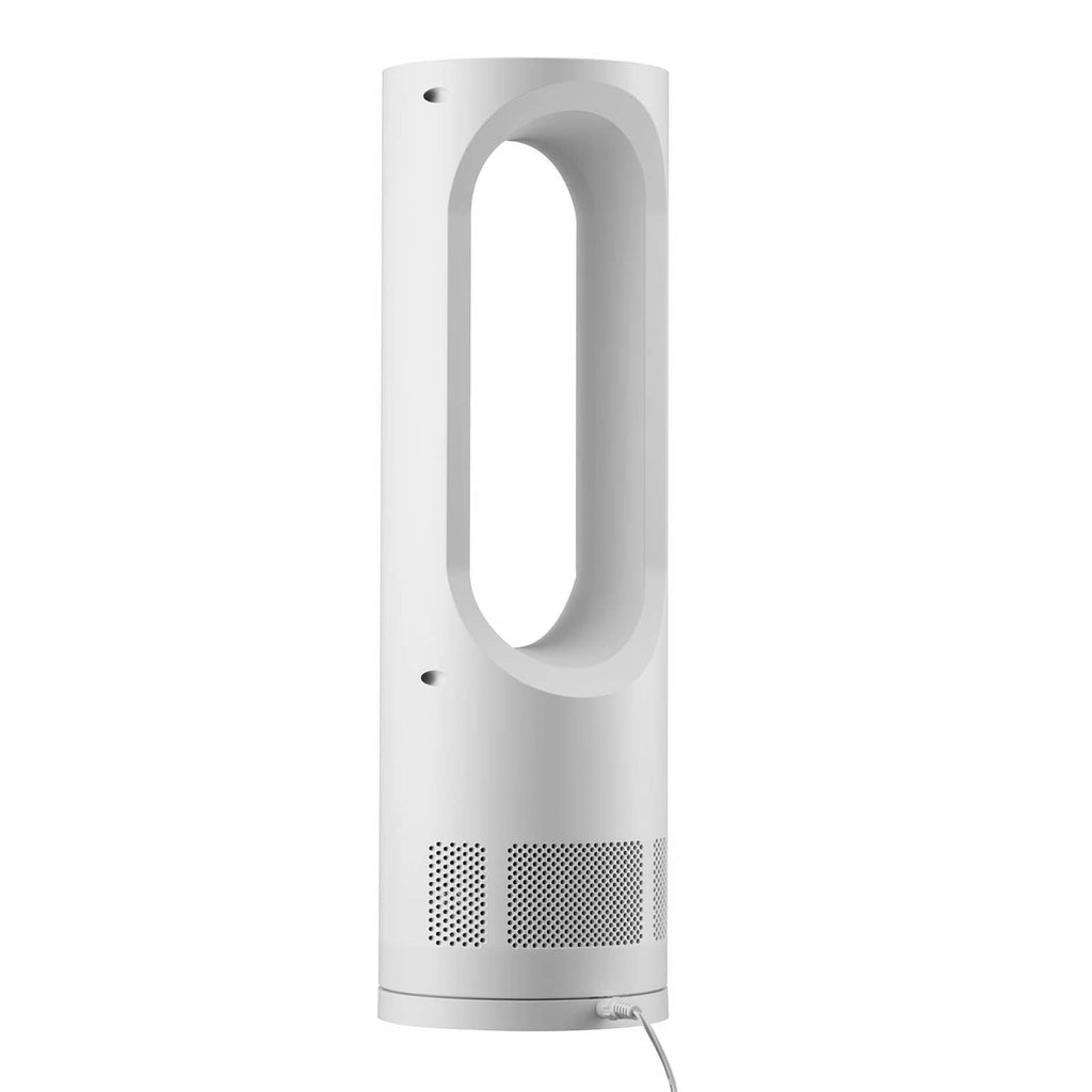 White bladeless desk fan side view with oval outlet and vented base