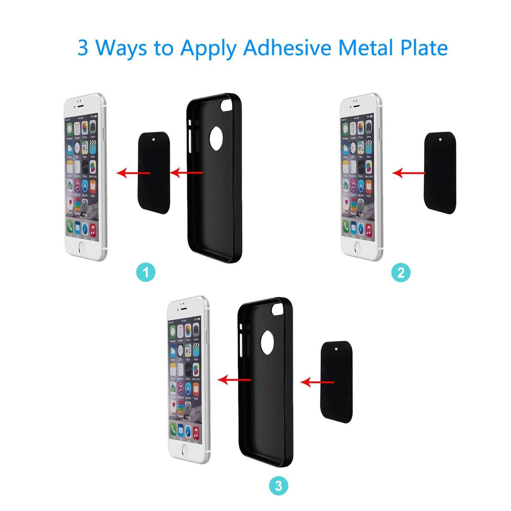 Adhesive metal plate sticks to phone back for car mount use, black pieces