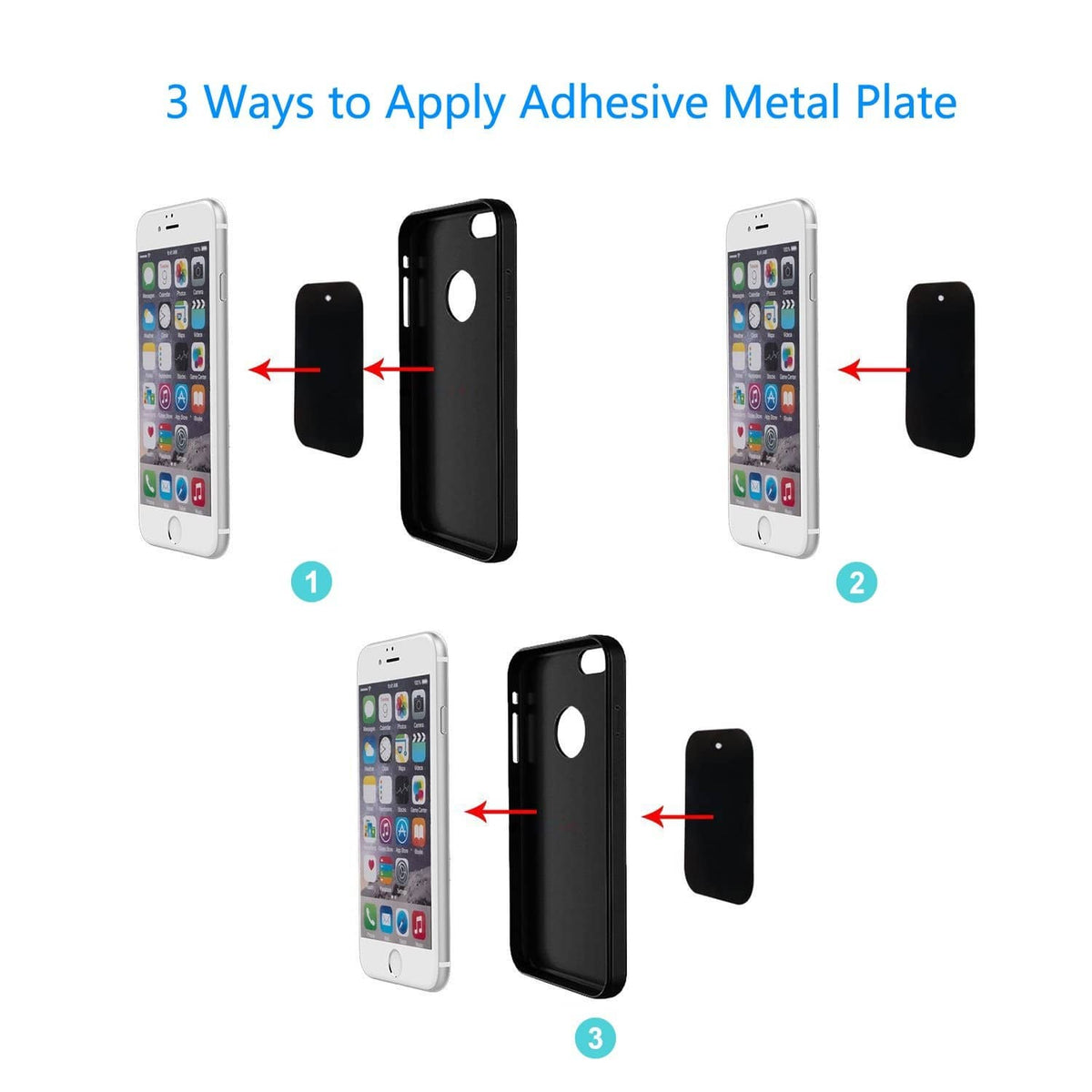 Adhesive metal plate sticks to phone back for car mount use, black pieces