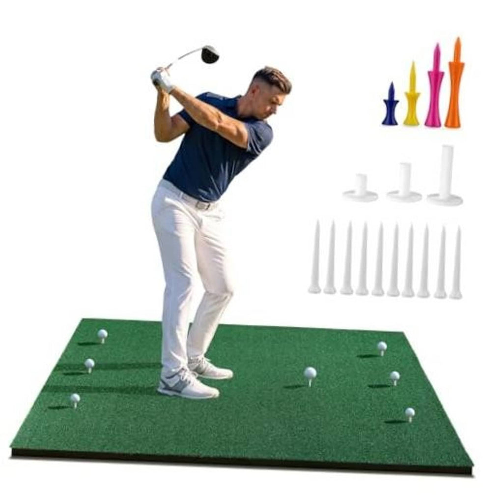 Green golf hitting mat with turf surface and tee holes; includes colorful plastic tees