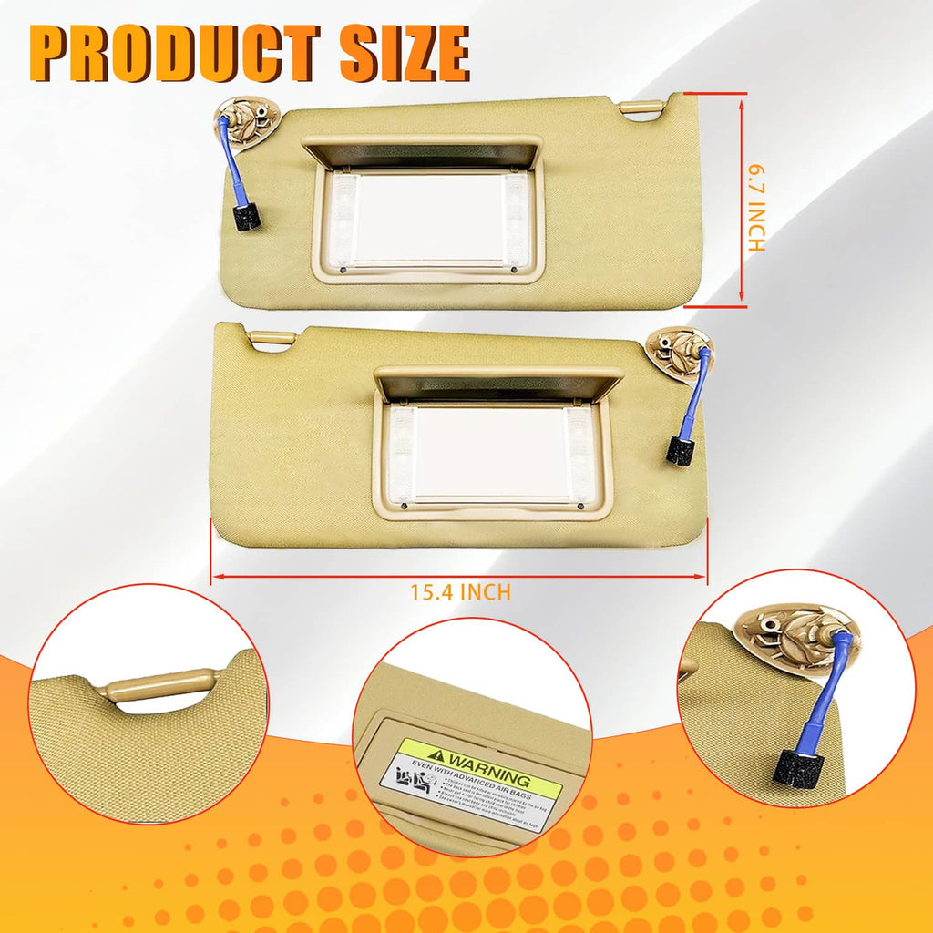 Tan car sun visor showing mirror window and underside support tab