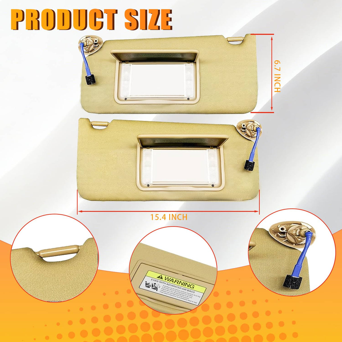 Tan car sun visor showing mirror window and underside support tab