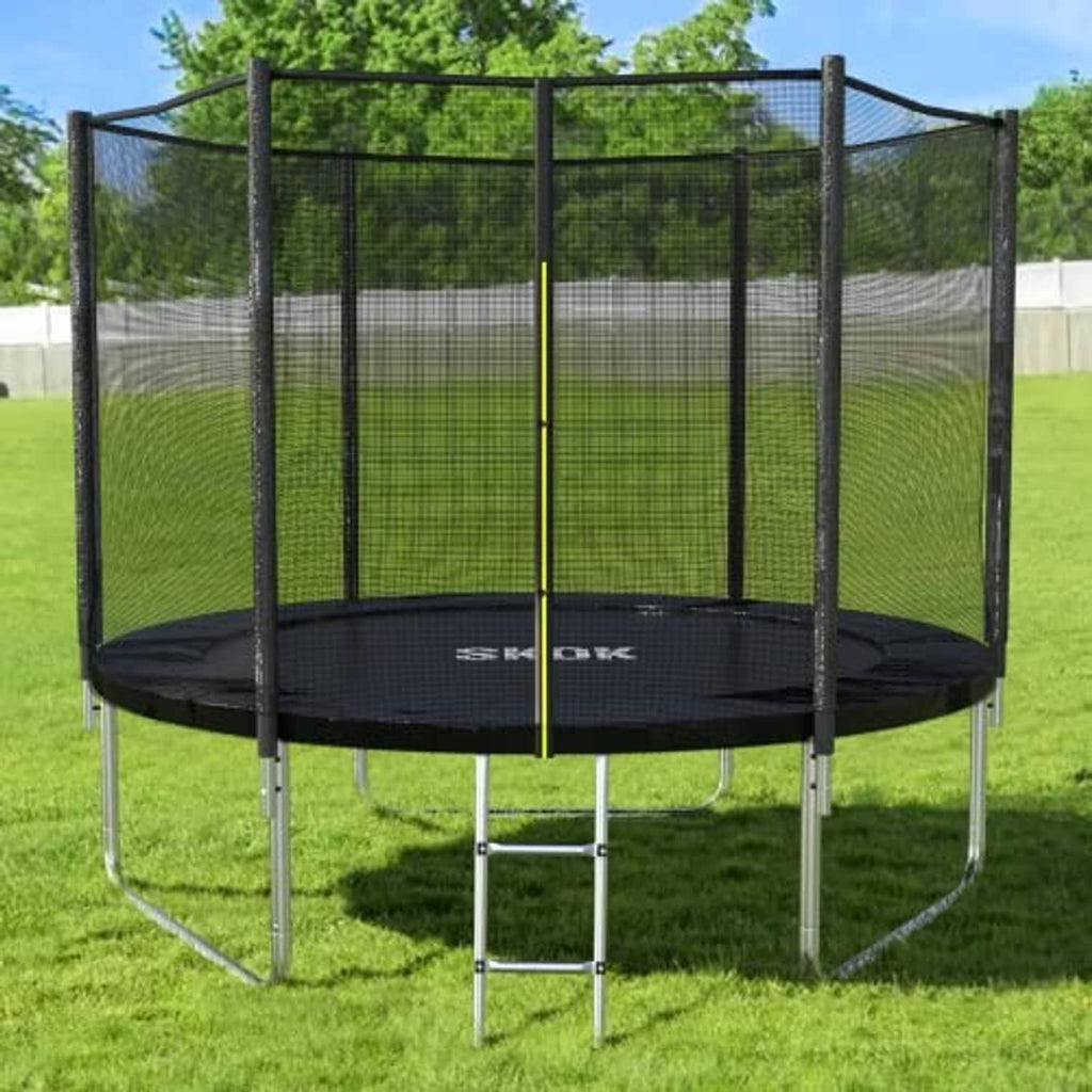 Kids trampoline with black mesh net enclosure, round mat, and silver support legs