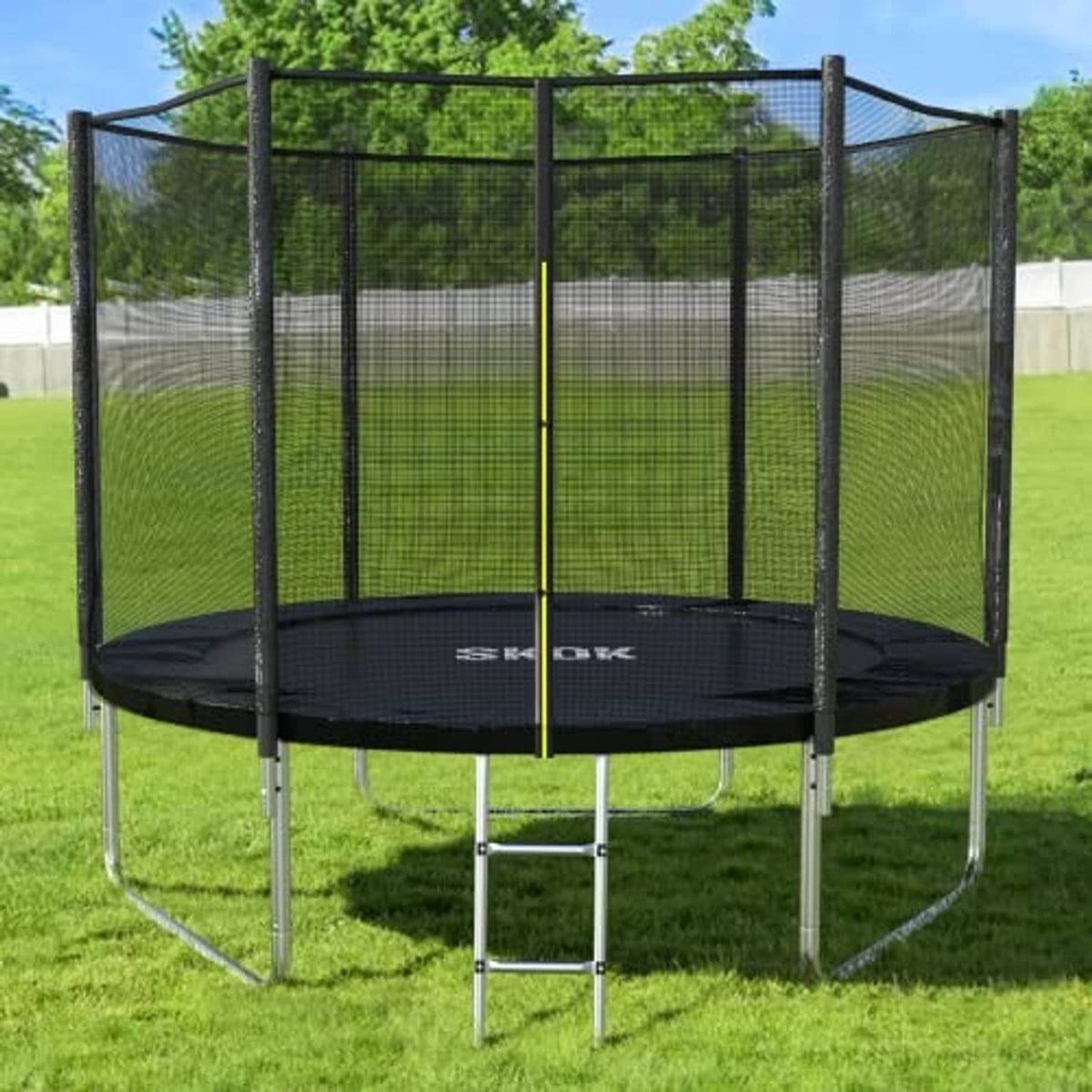 Kids trampoline with black mesh net enclosure, round mat, and silver support legs