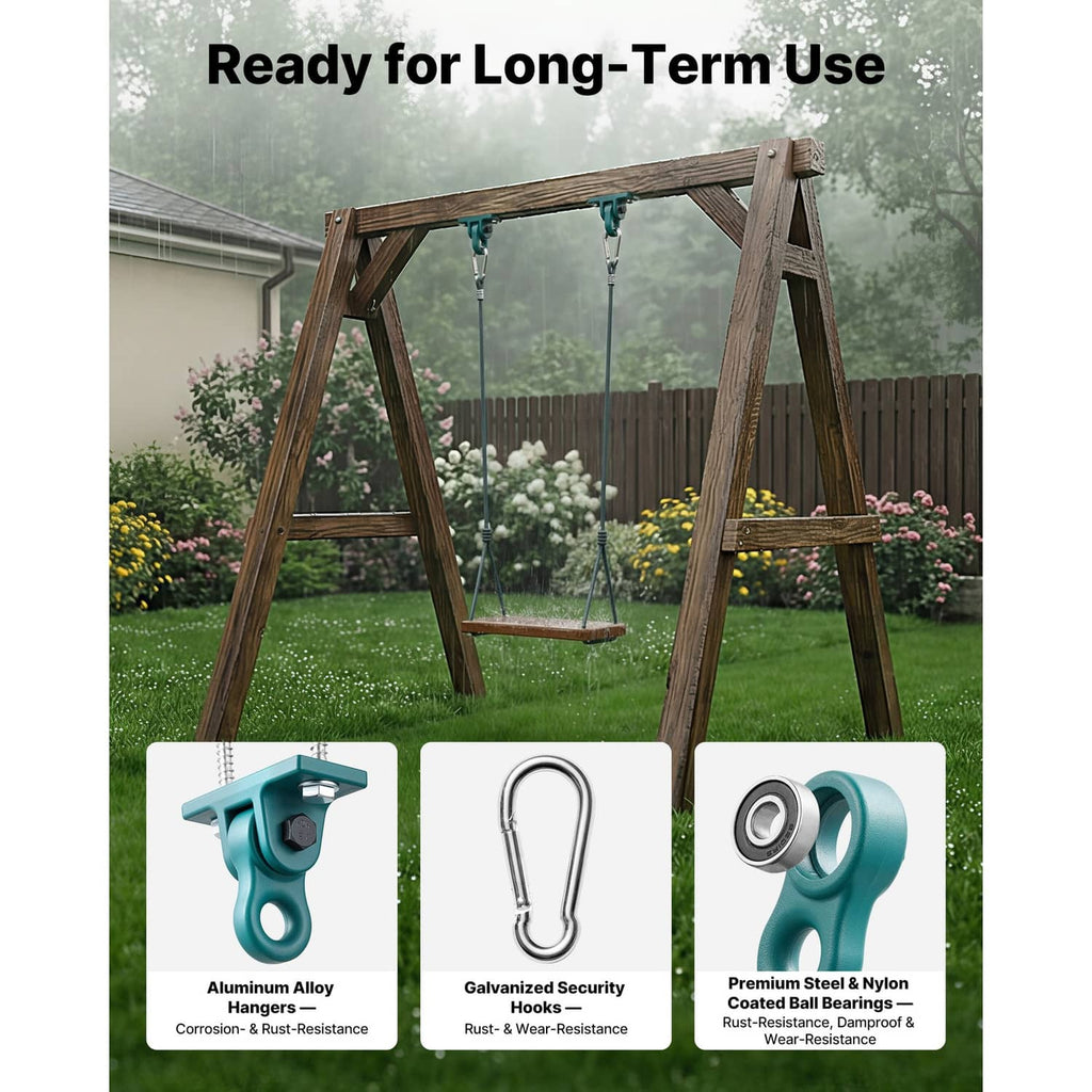 Teal swing hanger bracket and metal hook shown for outdoor, long-term use