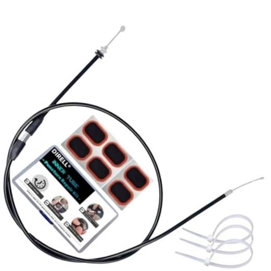 Thumb throttle cable assembly with black cable, silver end fittings, and packaged accessories