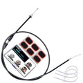 Thumb throttle cable assembly with black cable, silver end fittings, and packaged accessories