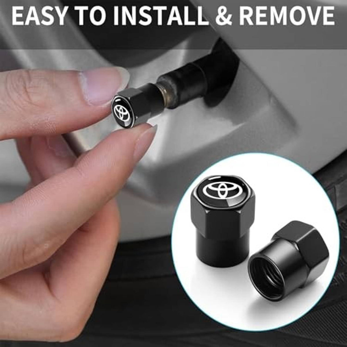 Hand installing a black tire valve stem cap with Toyota emblem