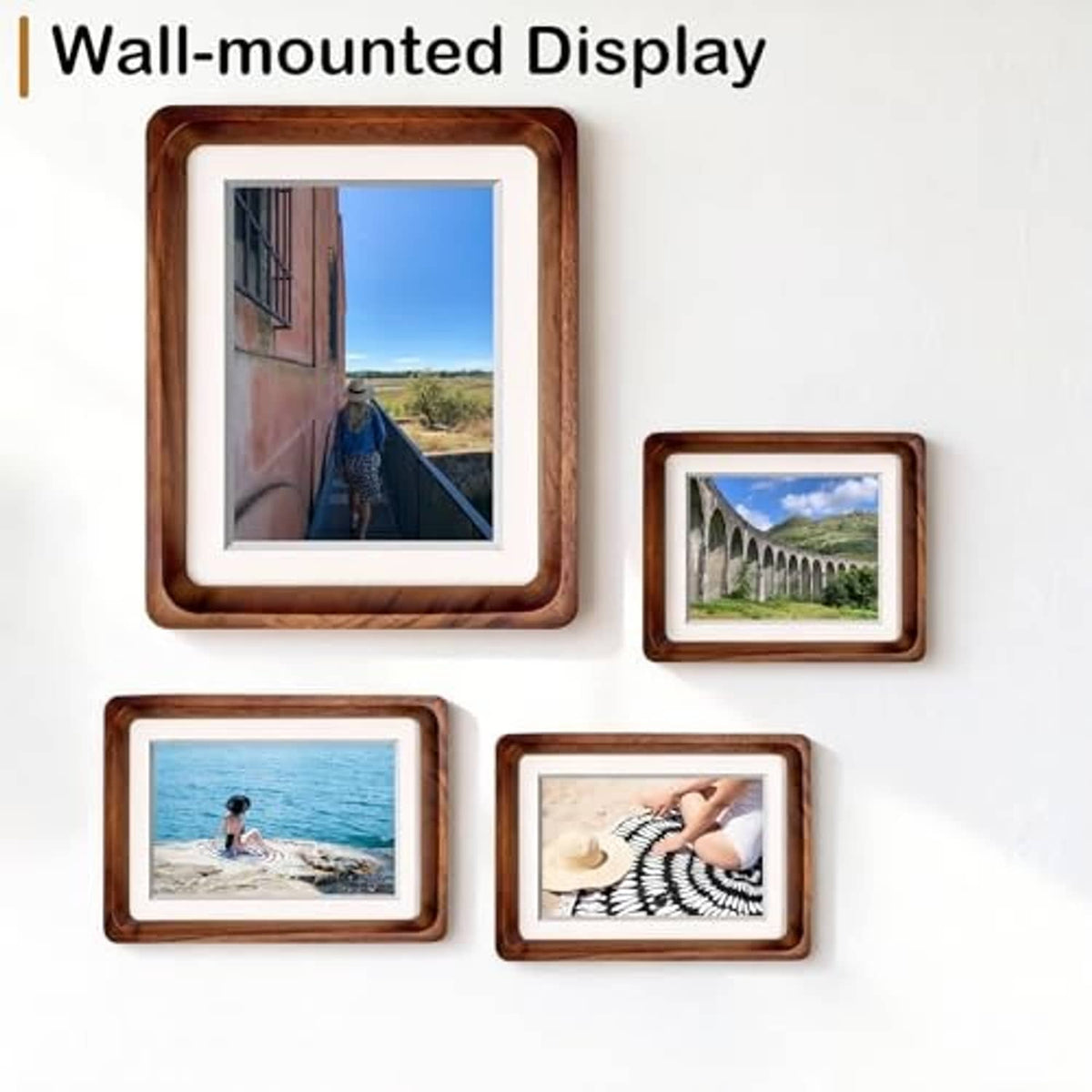 Walnut square photo frames for wall mounting, includes four frames on display