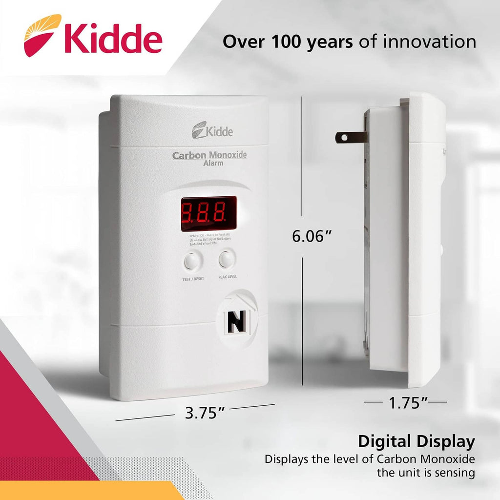 Kidde carbon monoxide alarm digital display, side view with open plug area