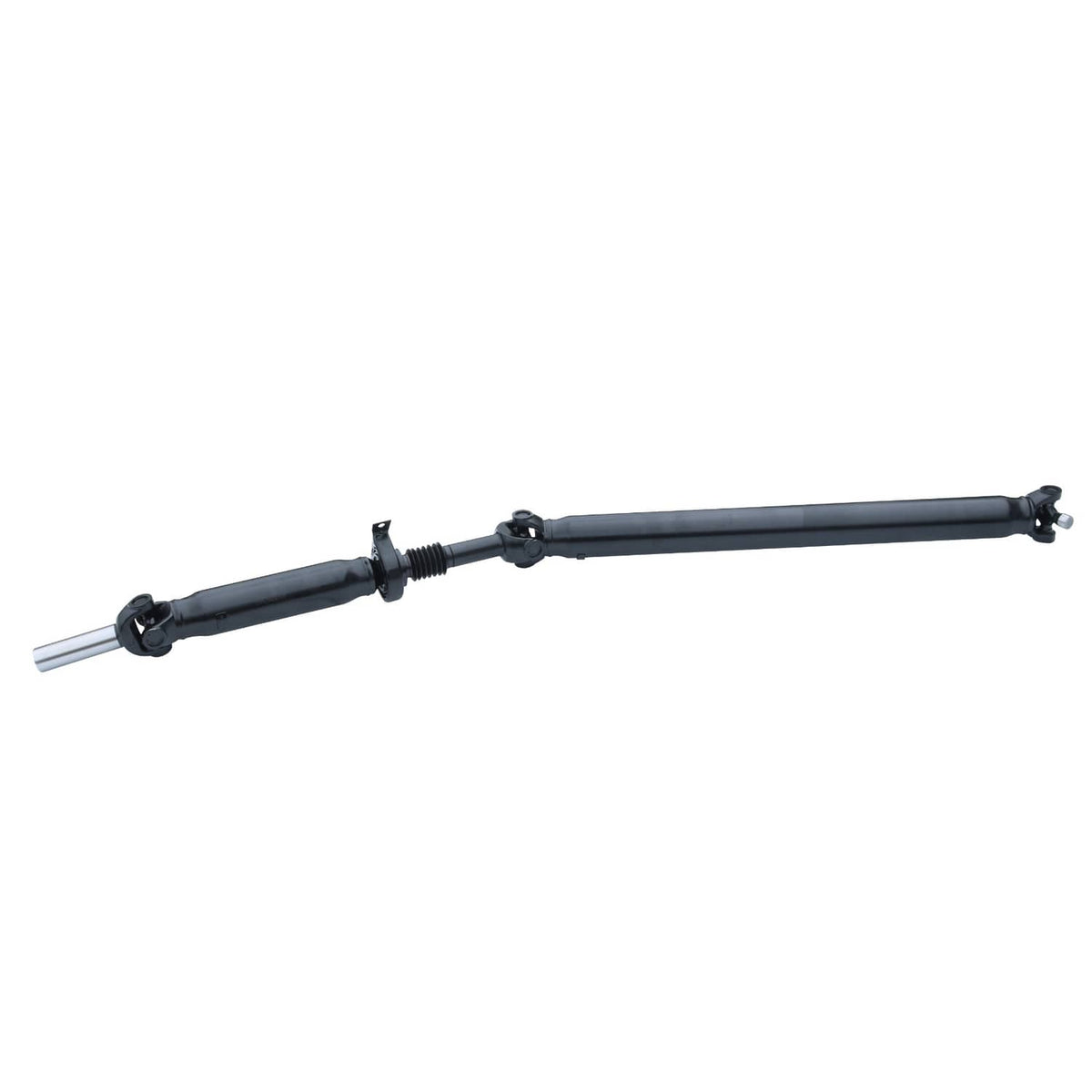 Rear driveshaft prop shaft assembly, long black tube with silver end yokes, wide view
