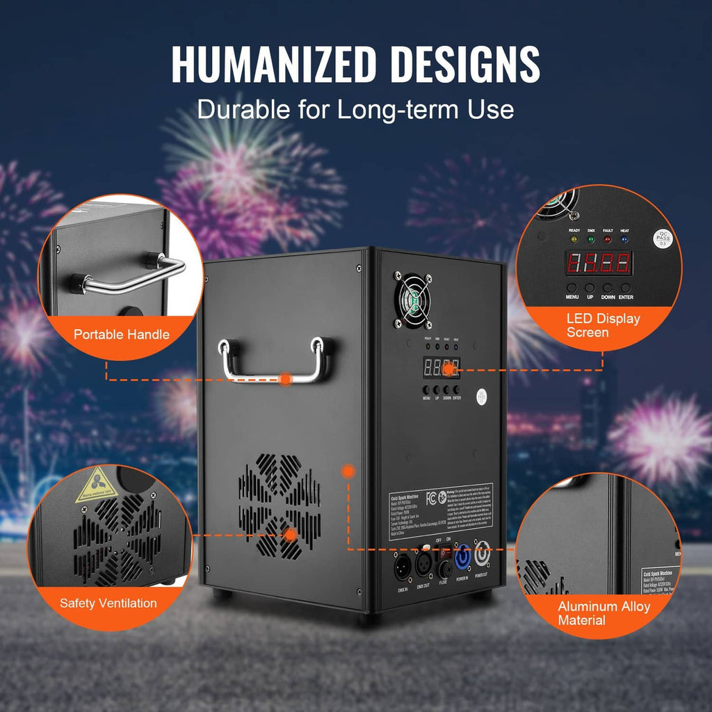 Black cold spark machine with portable handle, LED display, and ventilation pattern