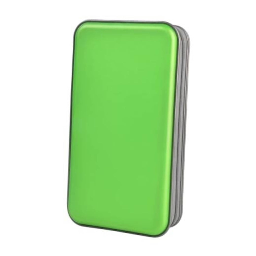 Green hard plastic CD/DVD case with gray edging and side zipper closure