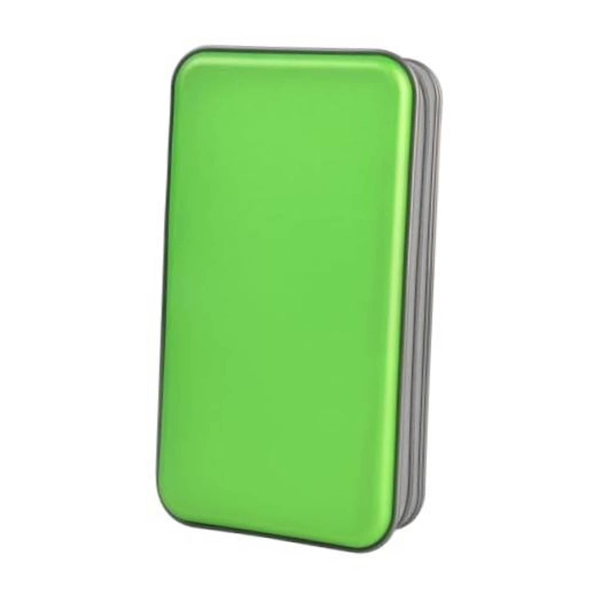 Green hard plastic CD/DVD case with gray edging and side zipper closure