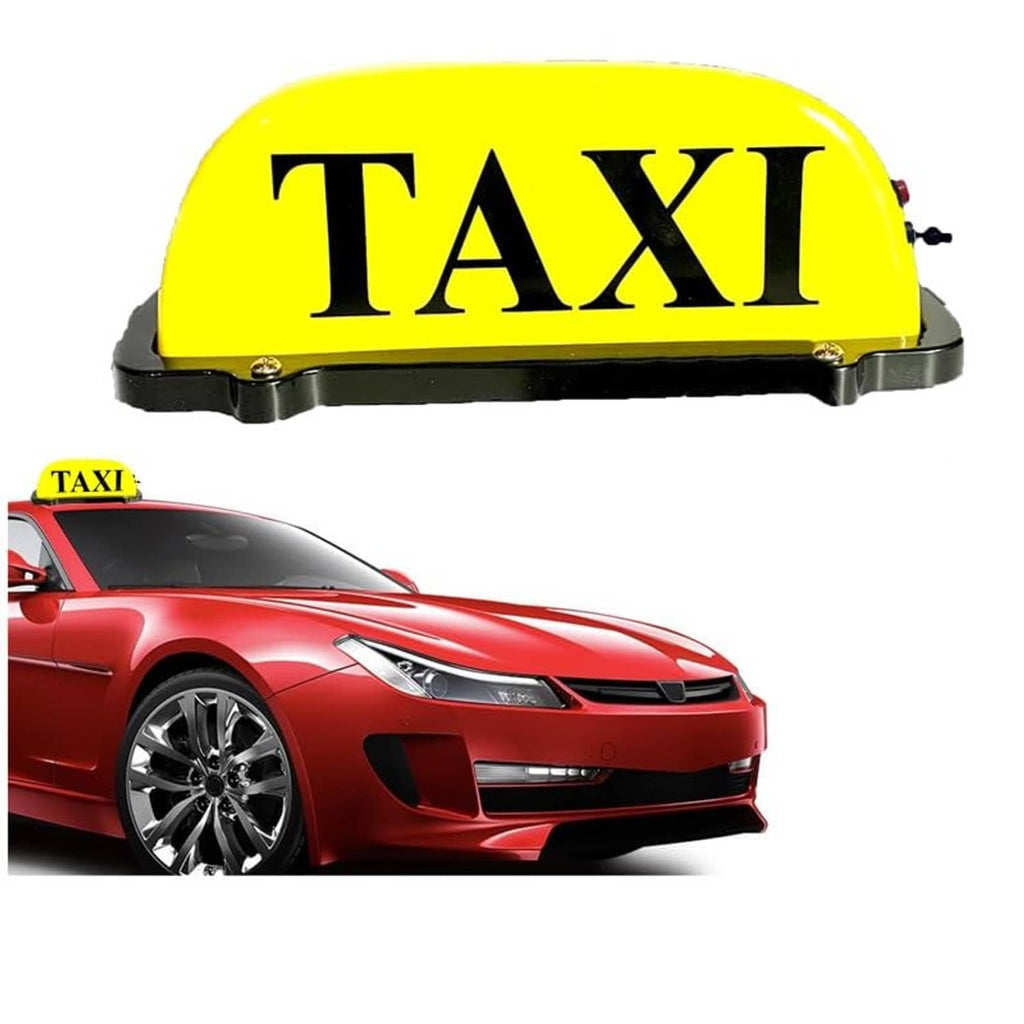 Yellow taxi roof light with black TAXI lettering and black mounting base