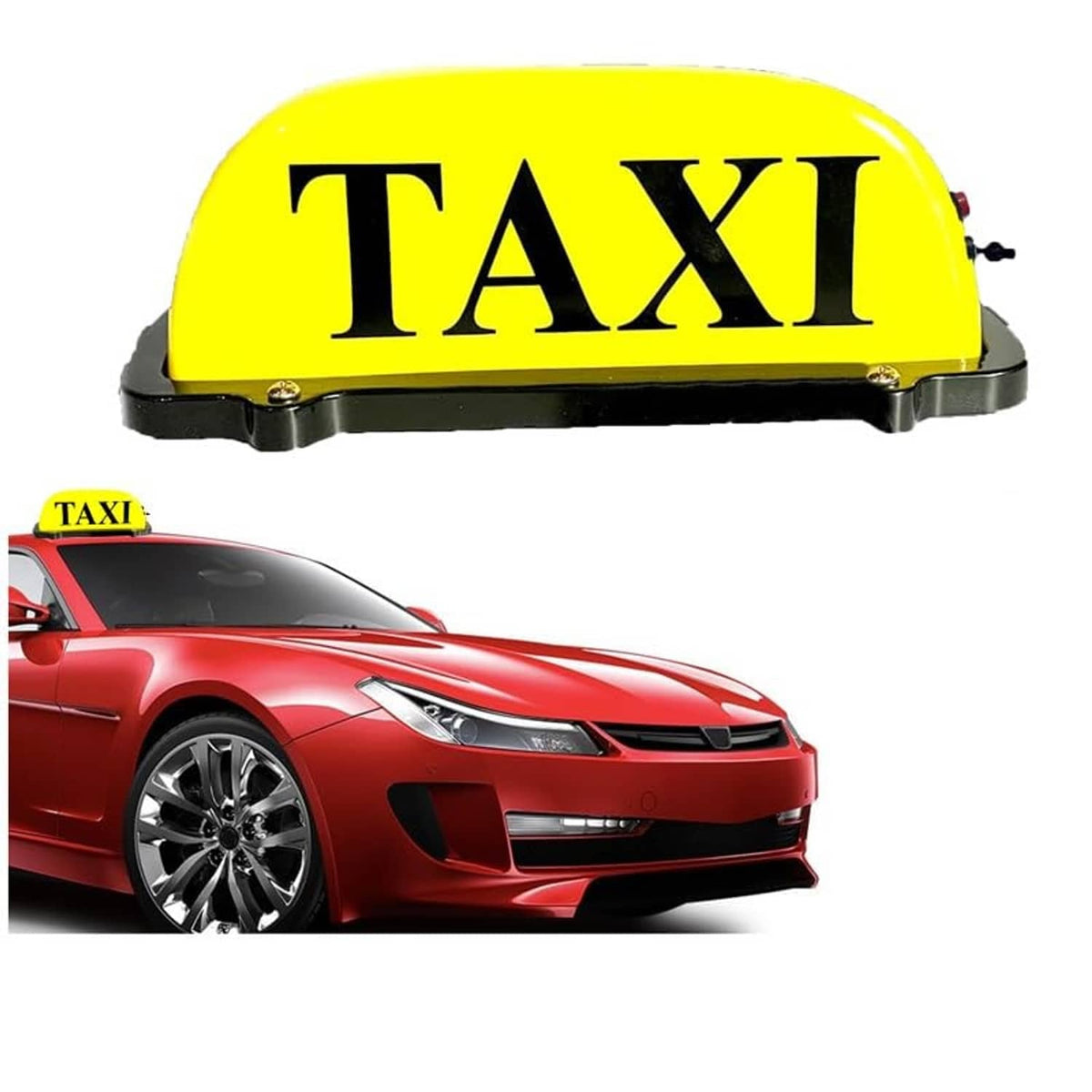 Yellow taxi roof light with black TAXI lettering and black mounting base