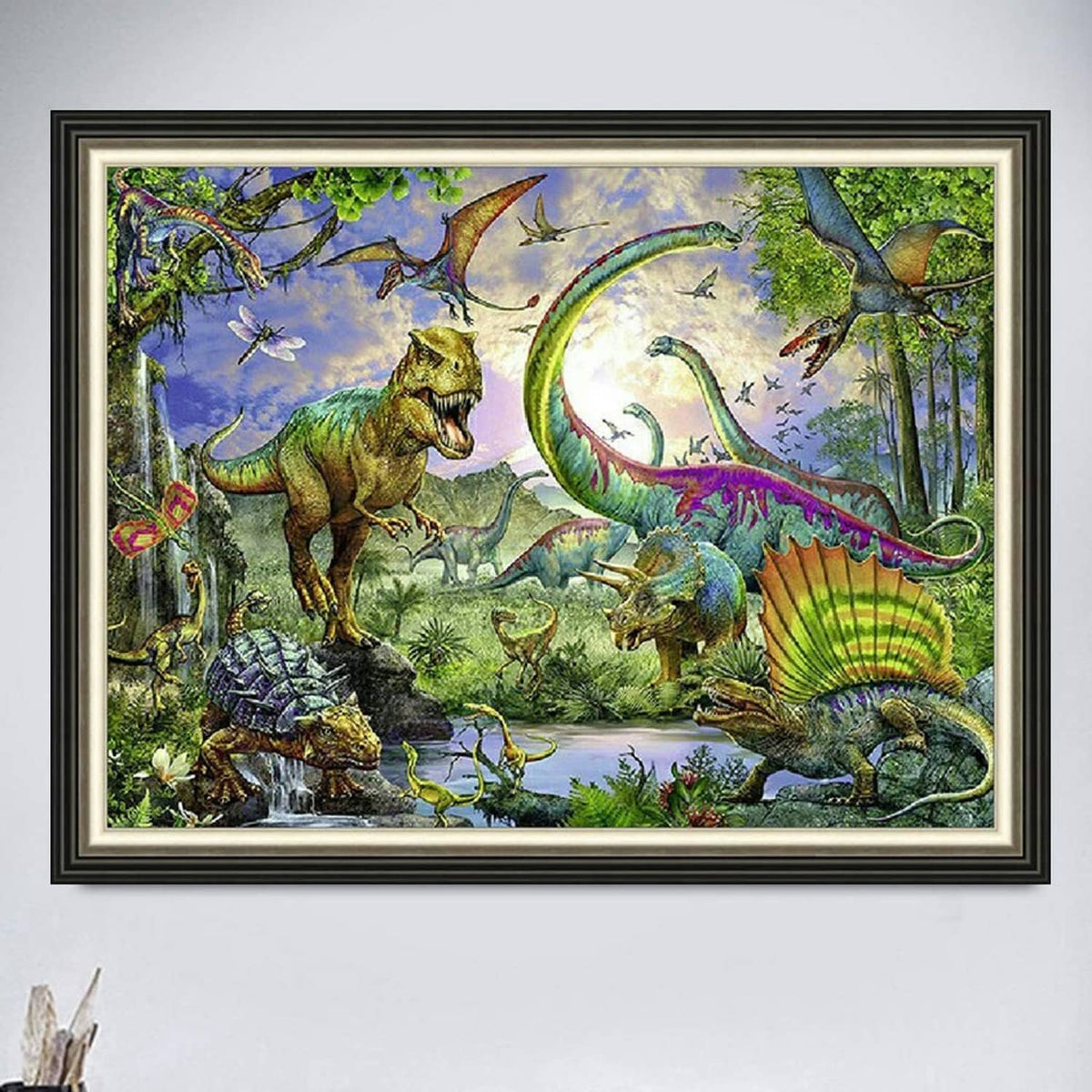 Framed diamond art painting featuring a colorful dinosaur landscape with a curved dragon.