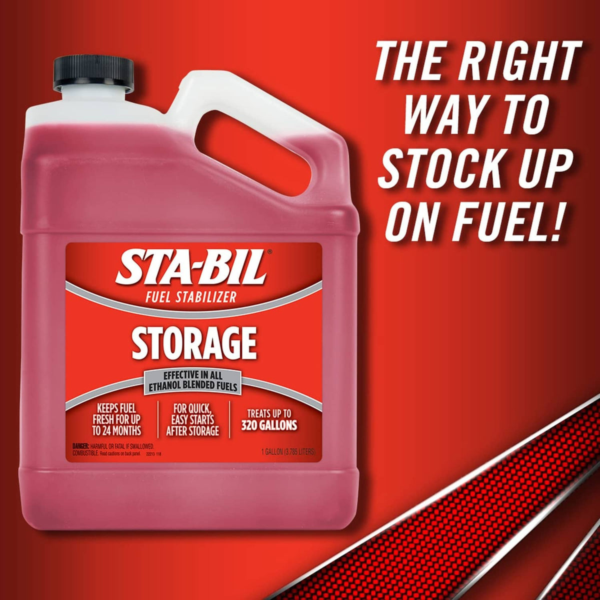 Red fuel stabilizer jug with black cap, front label and large carry handle