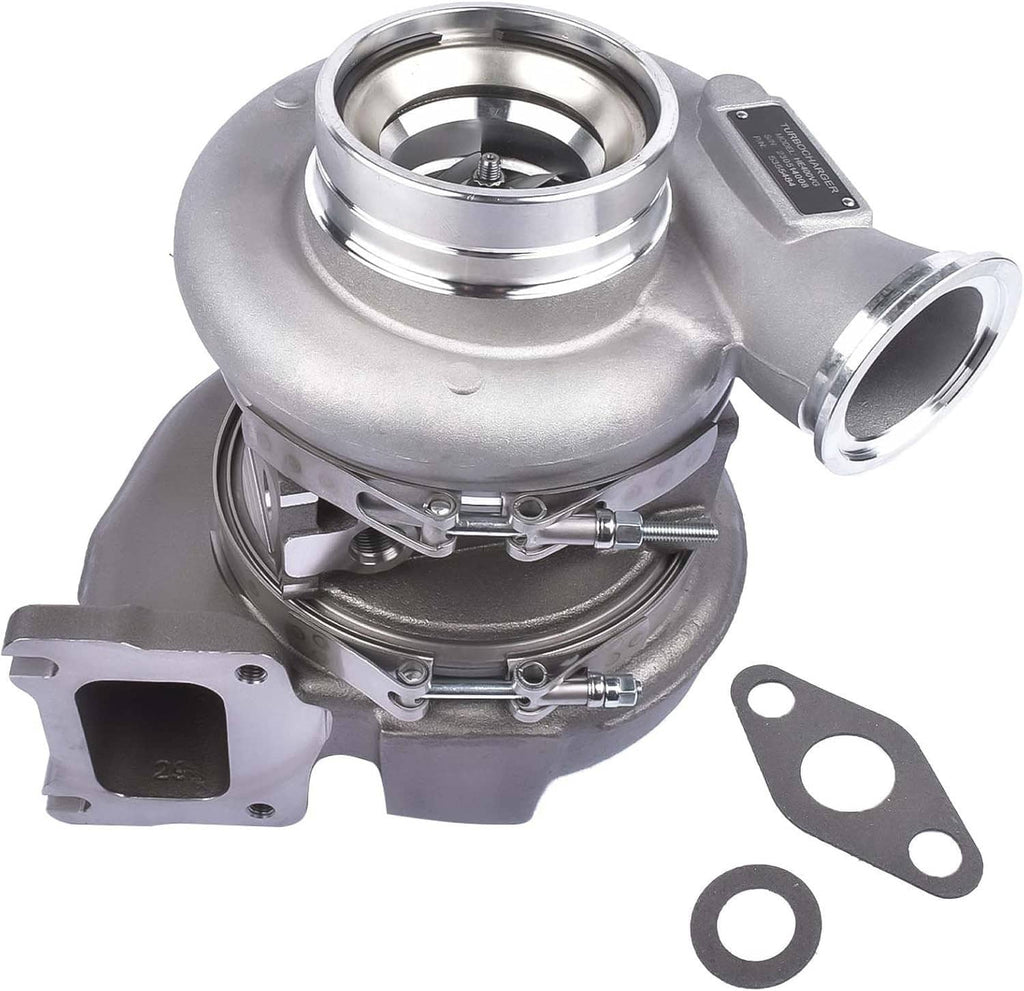 Silver turbocharger with turbine housing, intake flange, and two gasket pieces