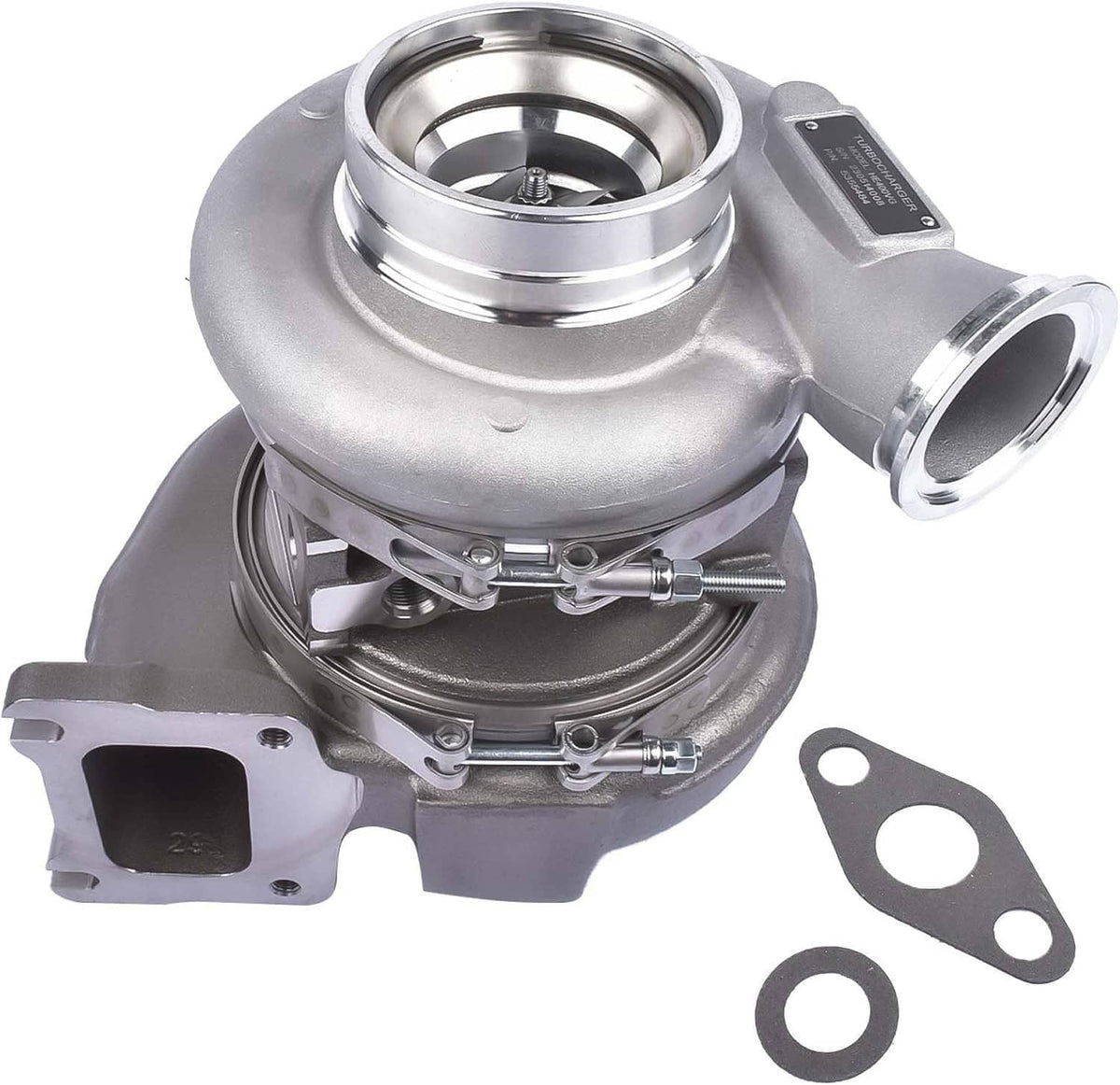 Silver turbocharger with turbine housing, intake flange, and two gasket pieces