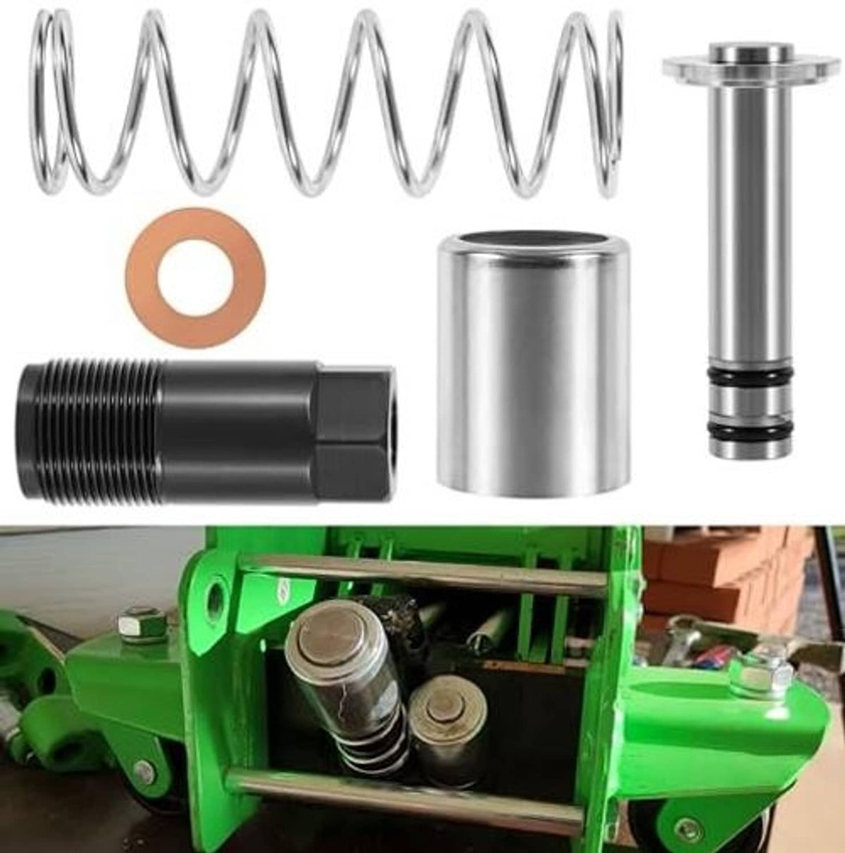 Floor jack pump piston replacement kit parts: coil spring, black housing, piston cylinder