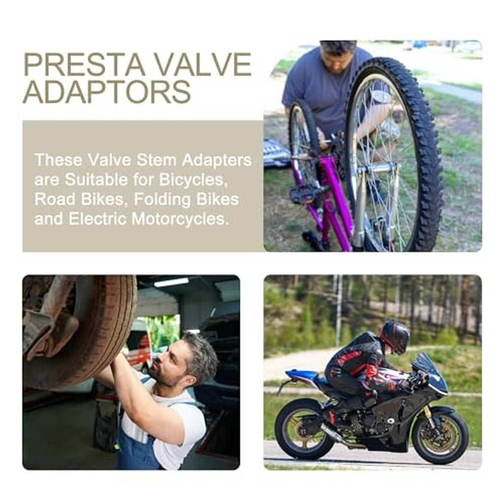 Valve adapter set with brass threaded body and black protective cap for Presta valve