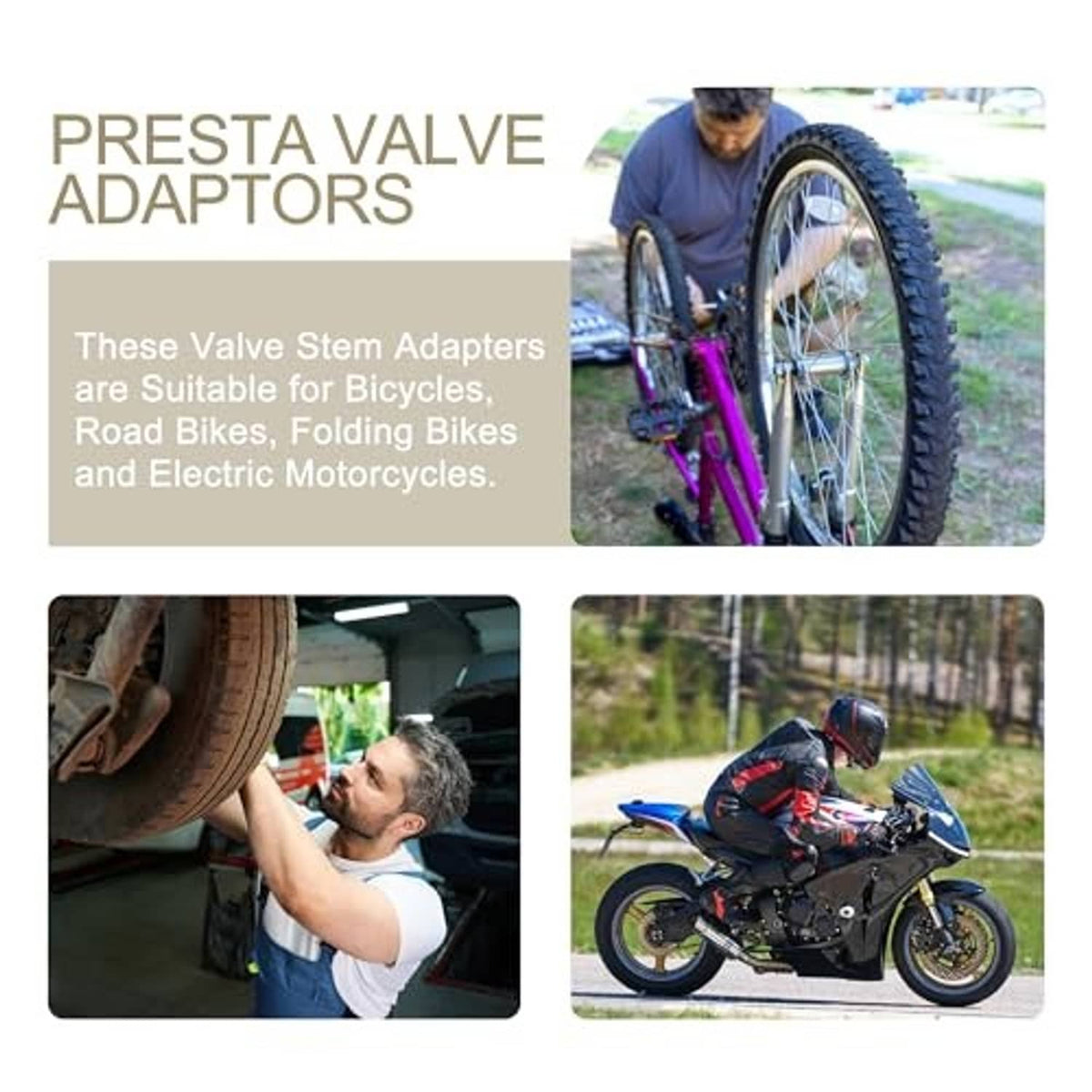 Valve adapter set with brass threaded body and black protective cap for Presta valve
